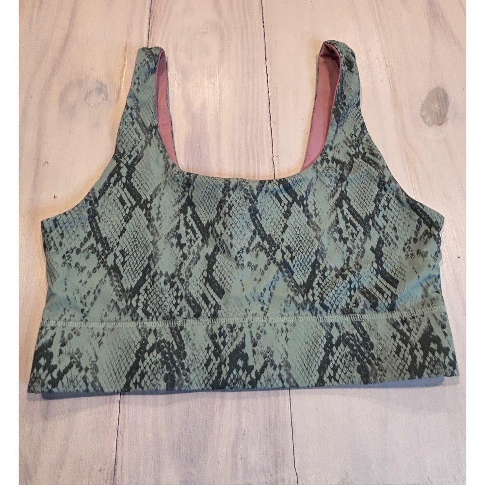 Fabletics Reversible Sports Bra Green Snakeskin Mauve Pink L Yoga Athleisure